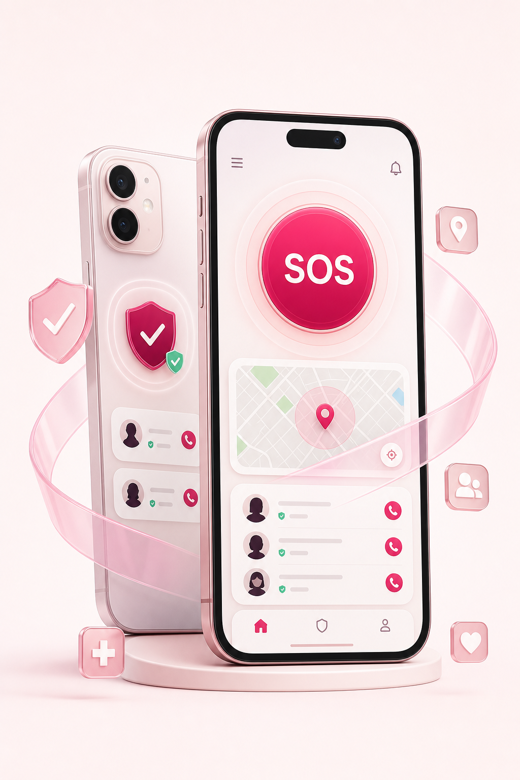 WoSafe mobile app shown on two phones with SOS, live location and trusted contacts